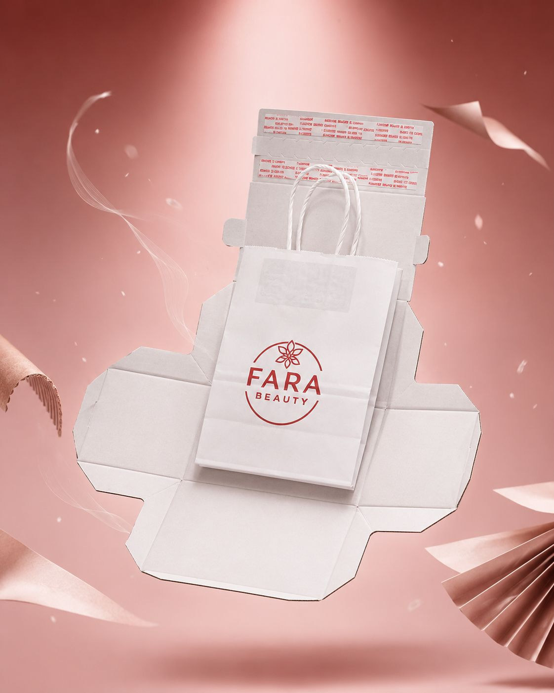 The Fortune Pack: a white paper gift bag rising from an unfolded all-paper shipping box against a rose-lit backdrop