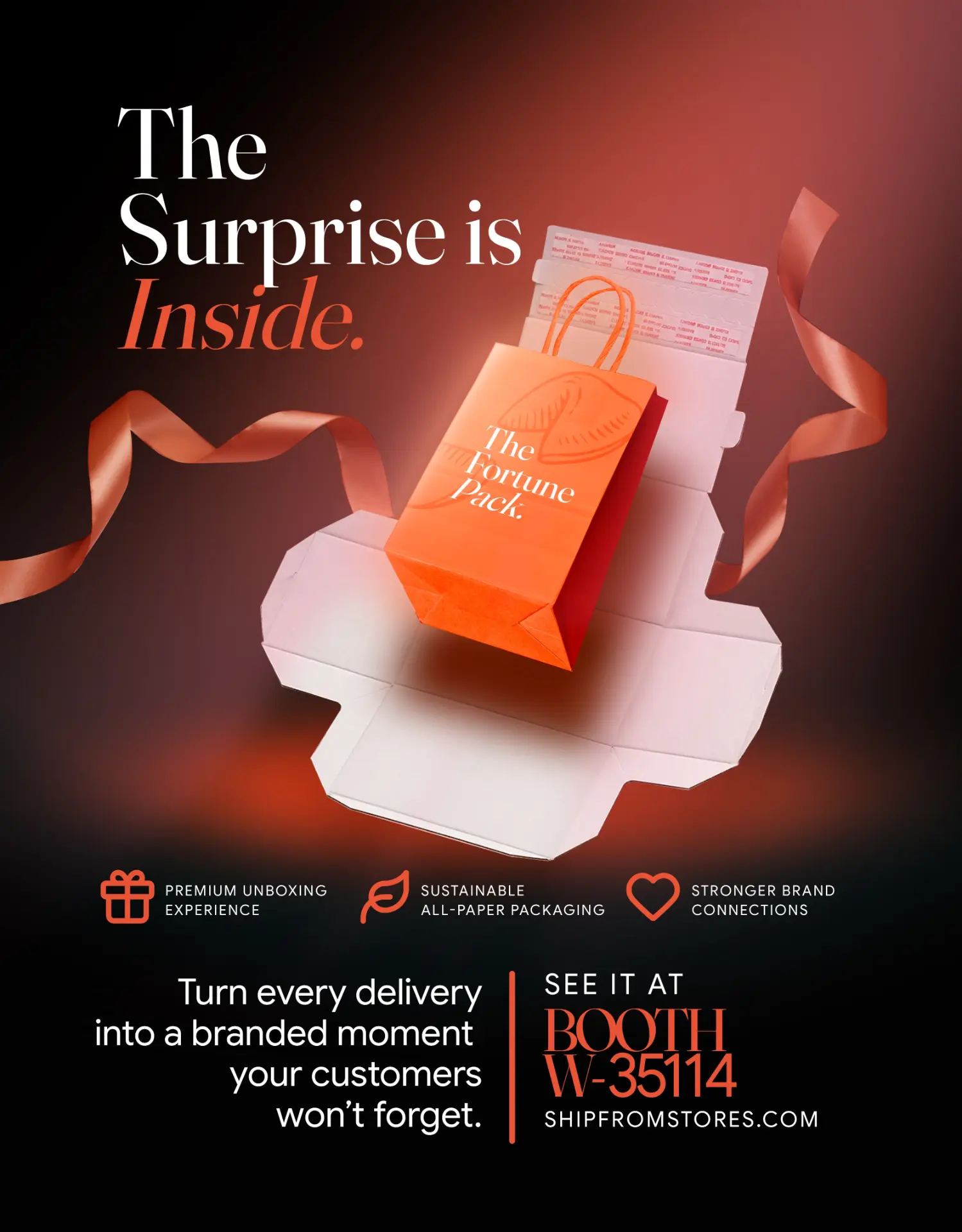 The Fortune Pack poster: an orange paper gift bag rising from an unfolded white all-paper box, with copper ribbon